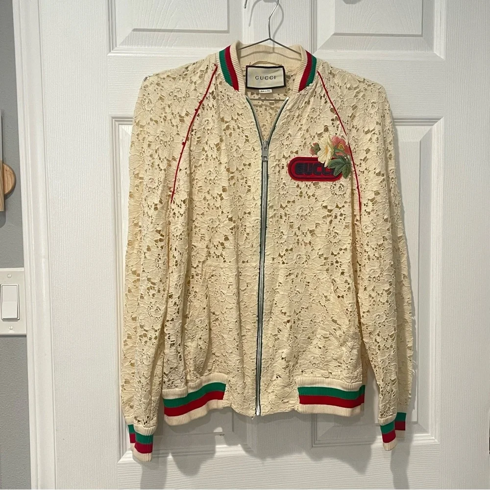 GUCCI Ivory Floral Rebrodé Lace Bomber Jacket 80s Logo IT 42 - Picture 1 of 7